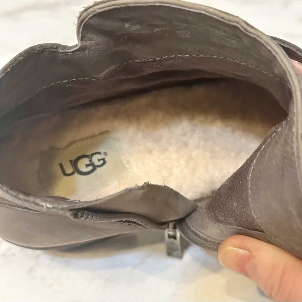 UGG Bellamy Distressed Gray Leather Sheepskin Ankle Boots Women’s Size 8…